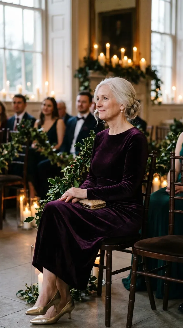 Woman over 50 in aubergine velvet midi dress and gold kitten heels at a winter wedding