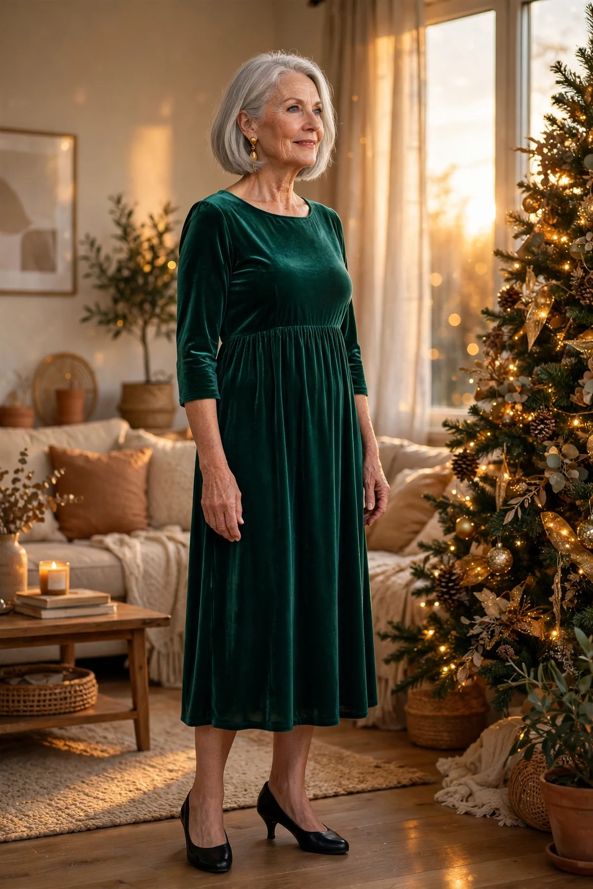 Woman in emerald velvet empire-waist midi dress beside a Christmas tree