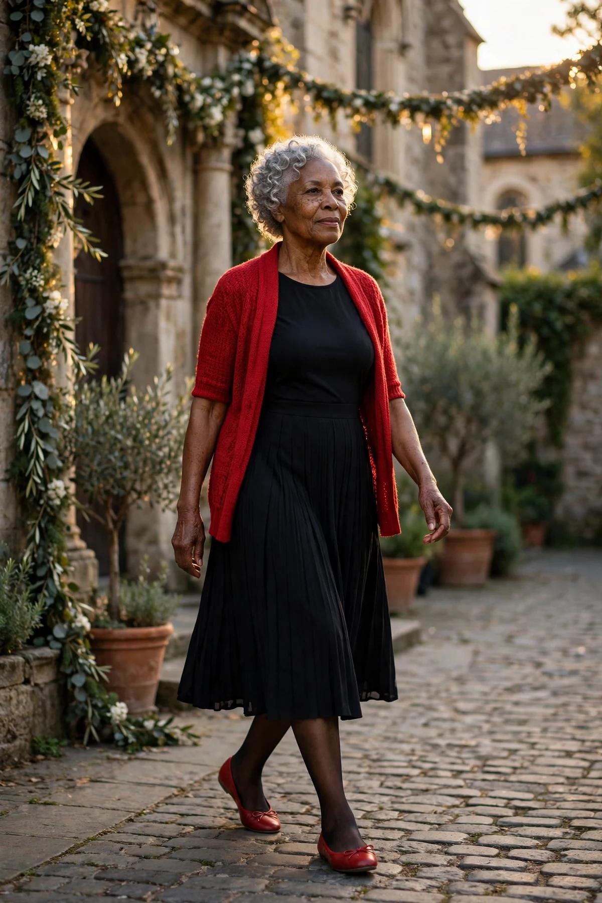 Woman in black pleated midi dress and red cardigan in a church courtyard