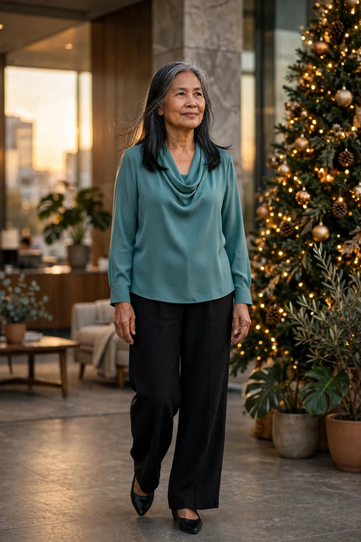 Woman in teal draped blouse and black wide-leg trousers by an office Christmas tree