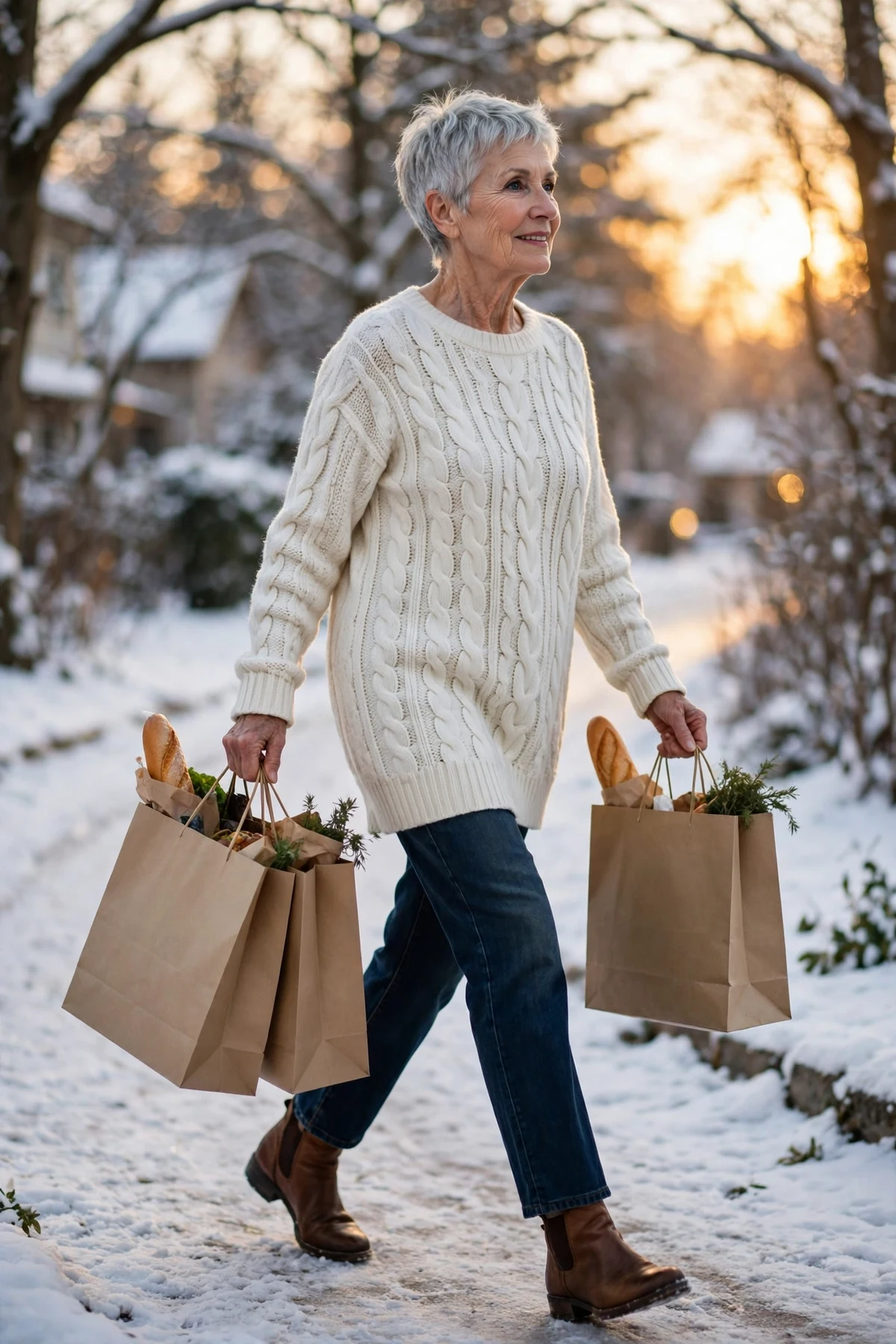 Woman in ivory cable-knit tunic sweater and dark jeans on a snowy path