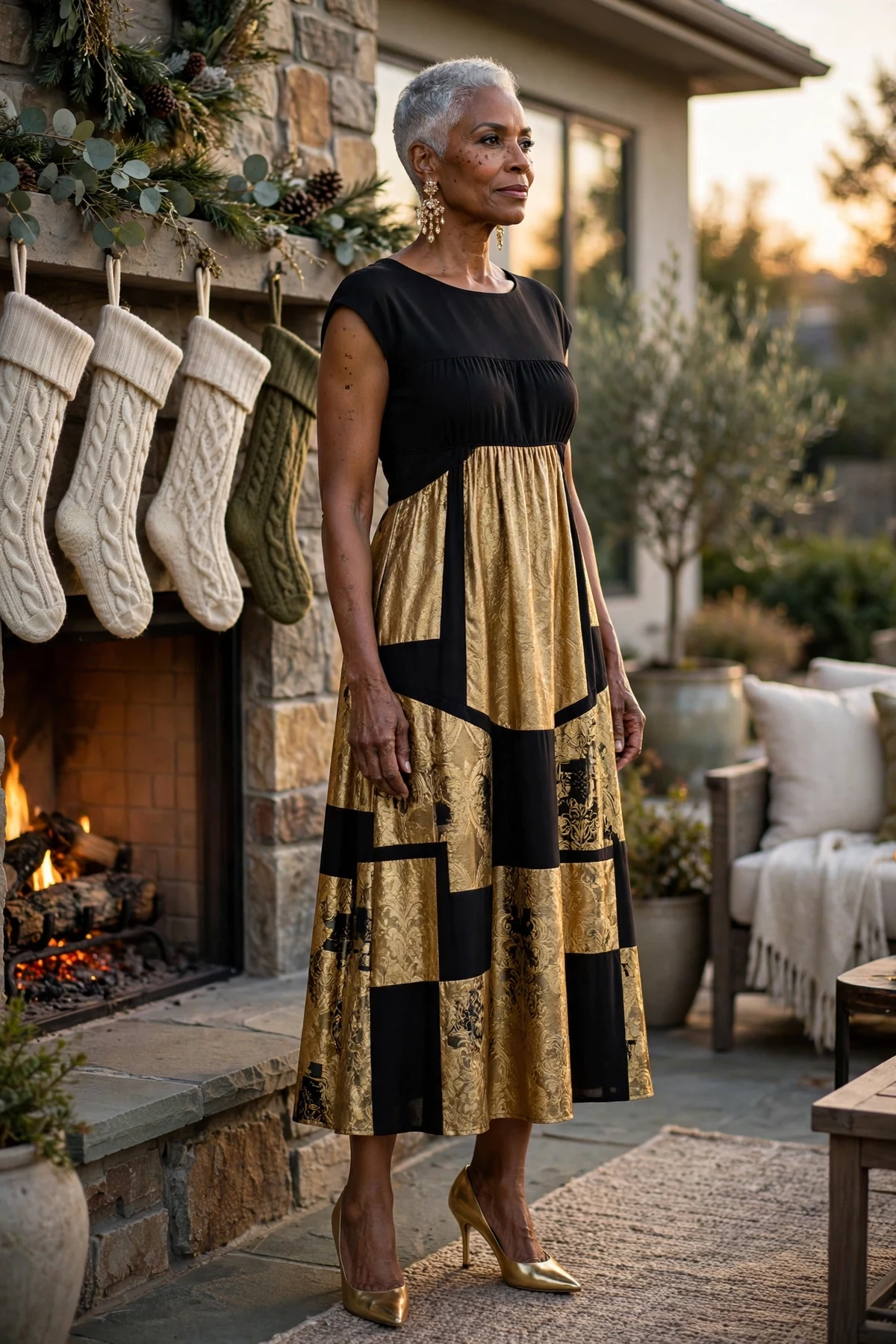 Woman in black and gold colorblock empire dress by a fireplace with stockings
