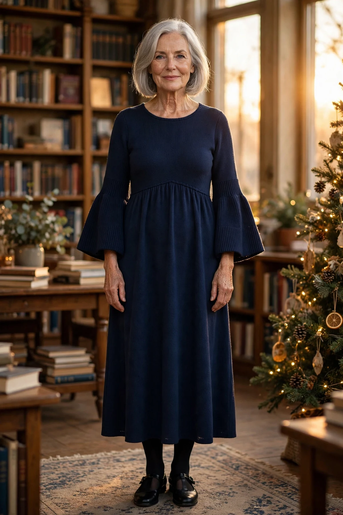 Woman in navy empire-seam knit dress with bell sleeves by a library Christmas tree