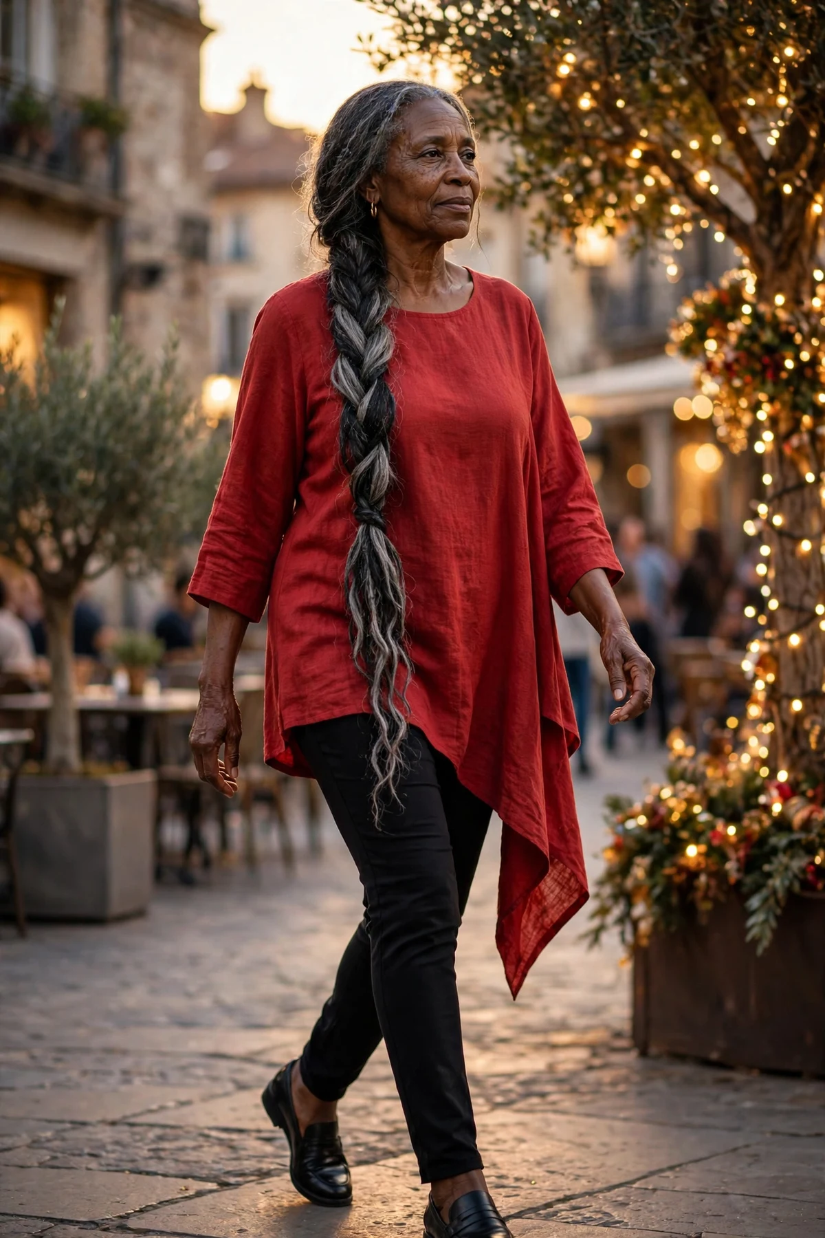 Woman in red asymmetric tunic and black slim pants in a plaza with a decorated tree