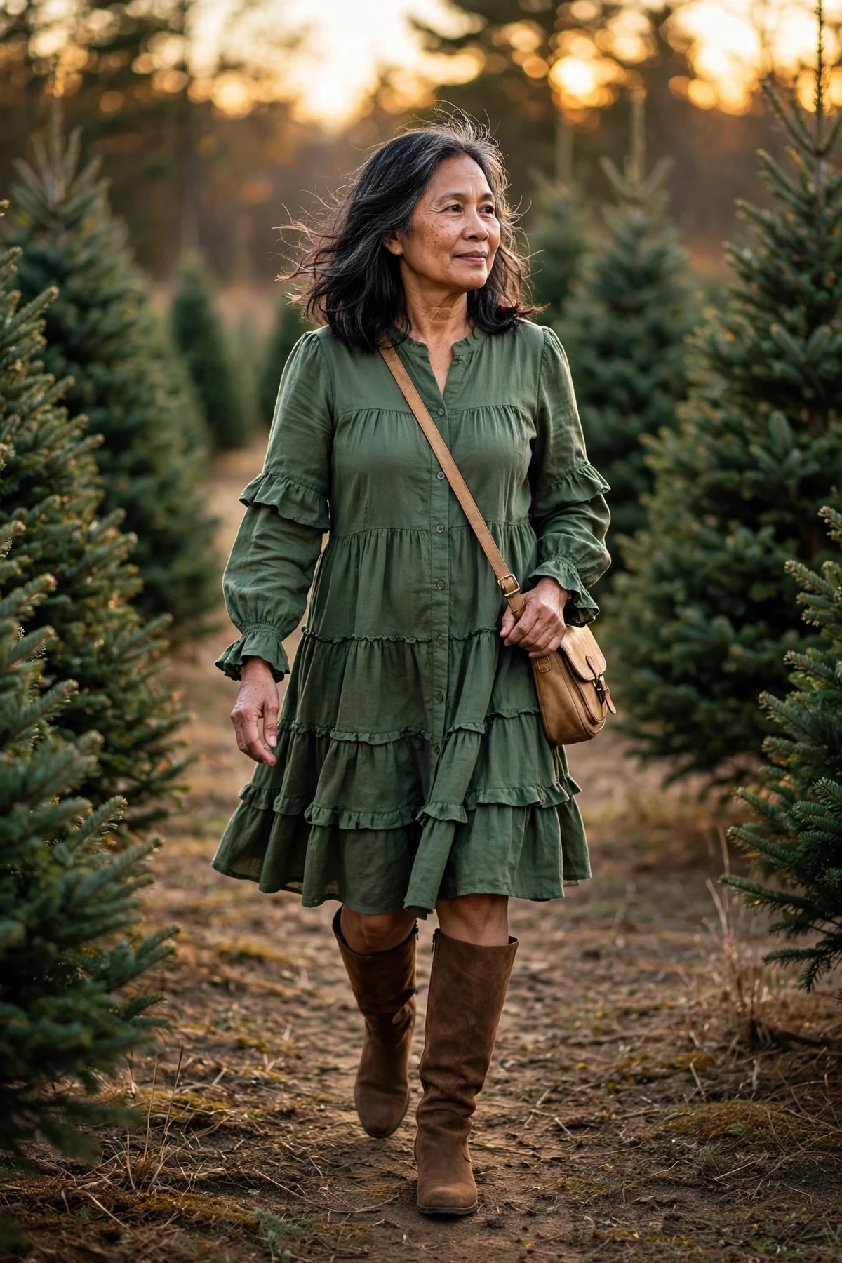 Woman in hunter green tiered babydoll dress at a Christmas tree farm