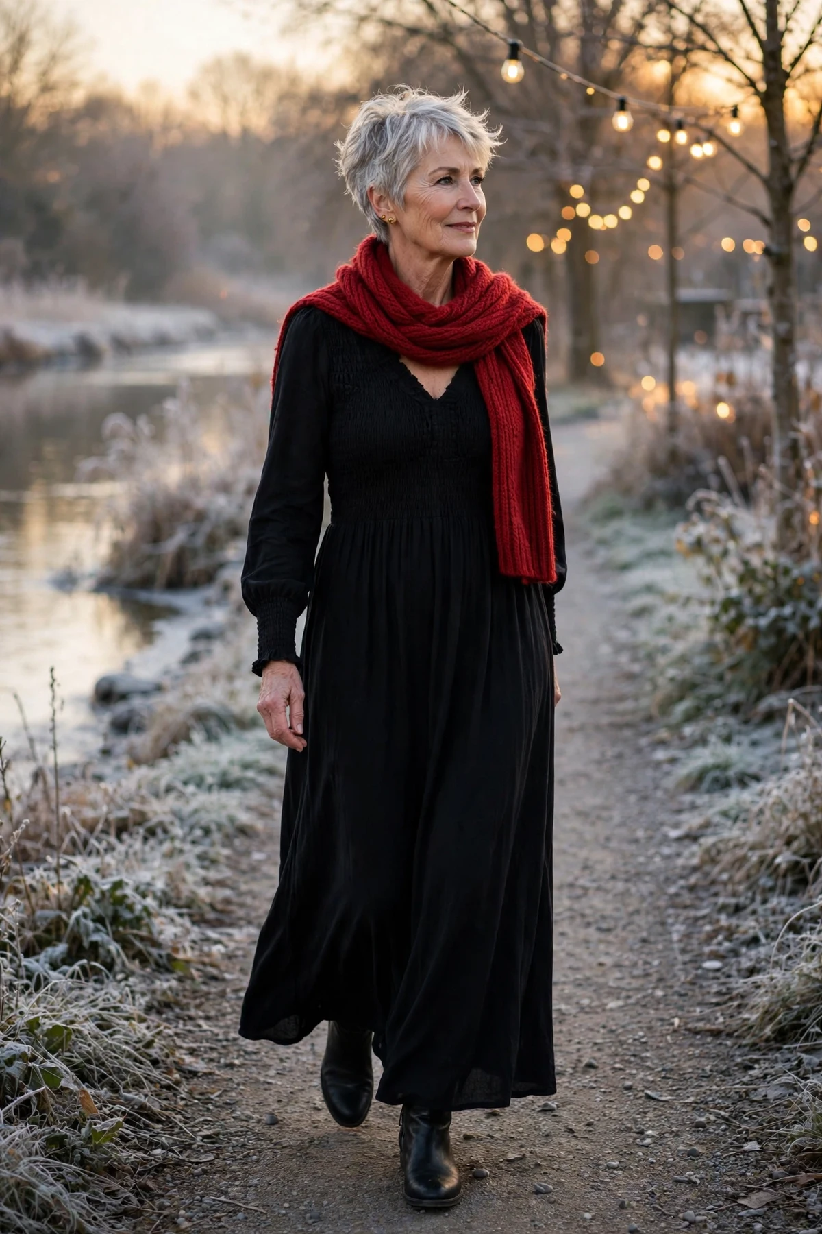 Woman in black smocked maxi dress and red scarf on a frosty riverside path