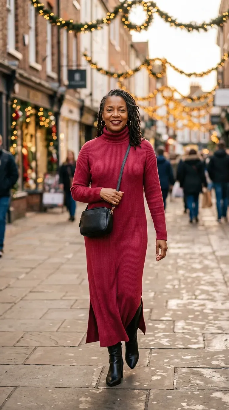 Woman over 50 in berry red knit maxi dress and black ankle boots on a festive winter street