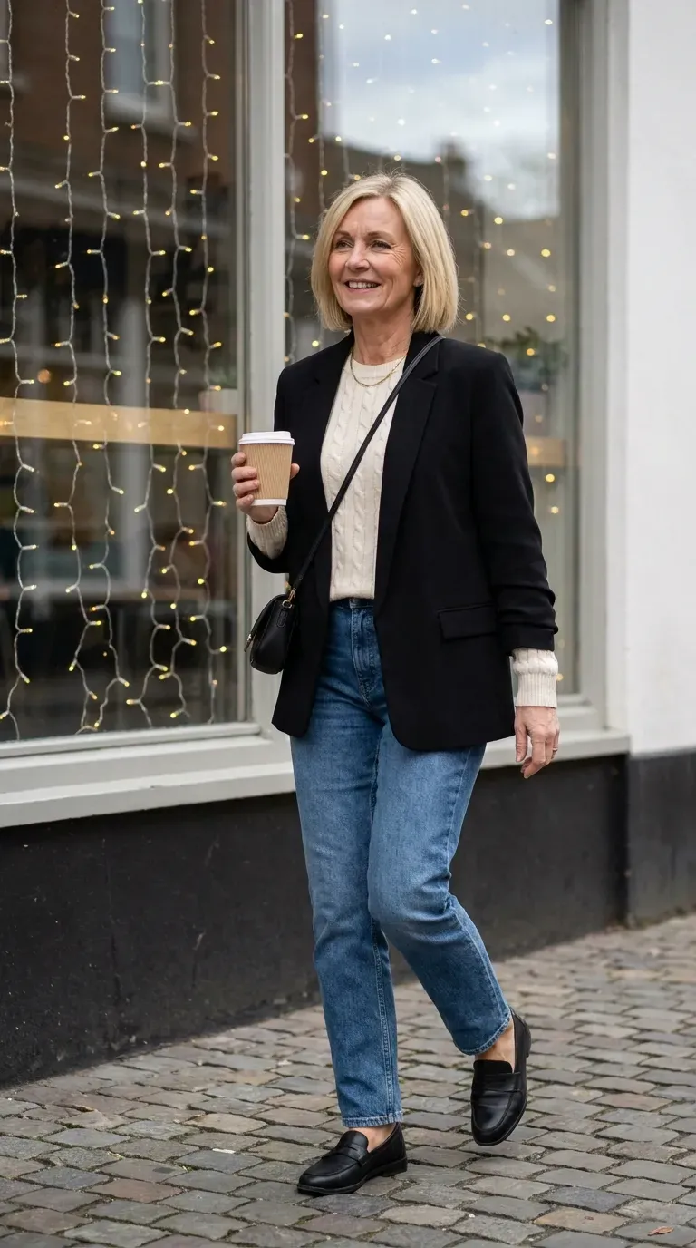 Blonde woman in a black blazer, cream cable sweater and jeans passing a cafe window