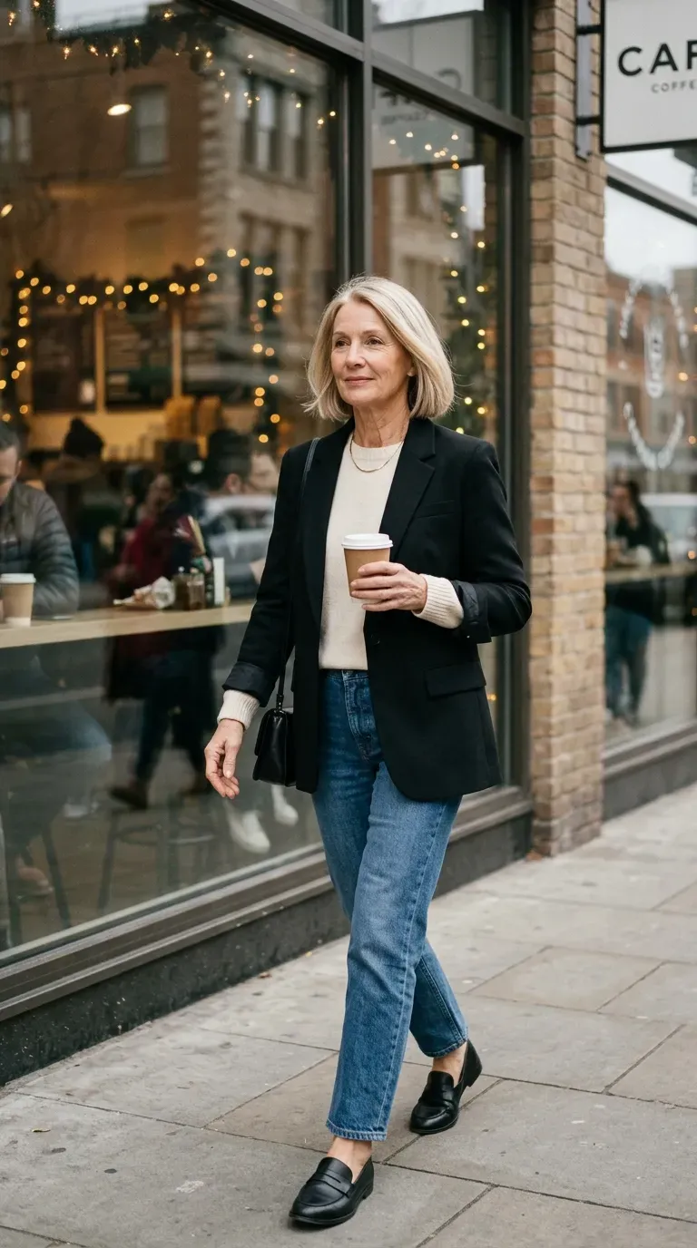 Blonde woman in a black blazer, cream sweater and straight jeans passing a cafe window