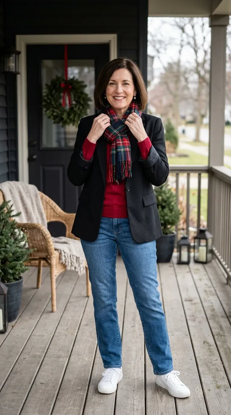 Woman over 50 in black blazer, red knit and straight jeans on a decorated porch