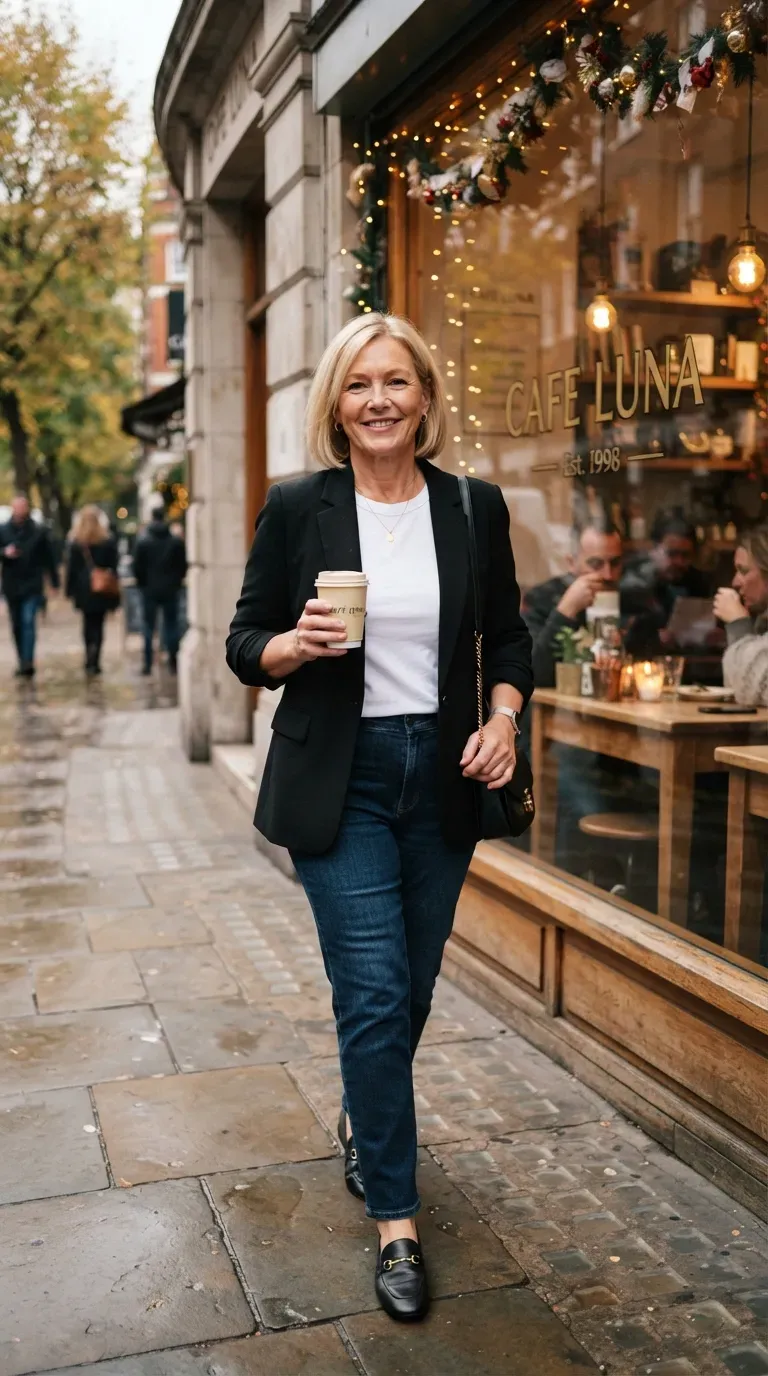 Blonde plus-size woman in a black blazer, white tee and jeans passing a festive cafe window