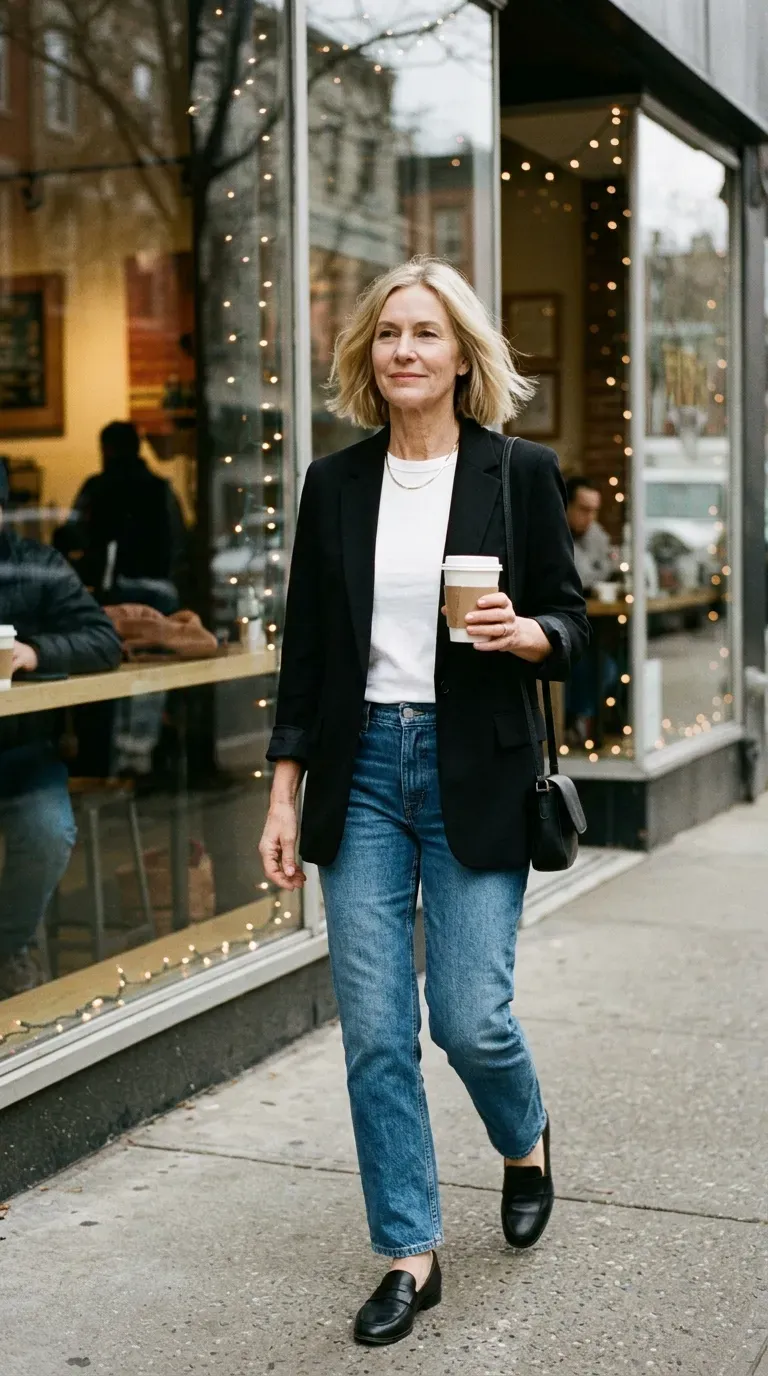 Blonde woman in black blazer, white tee and straight jeans walking past a cafe window