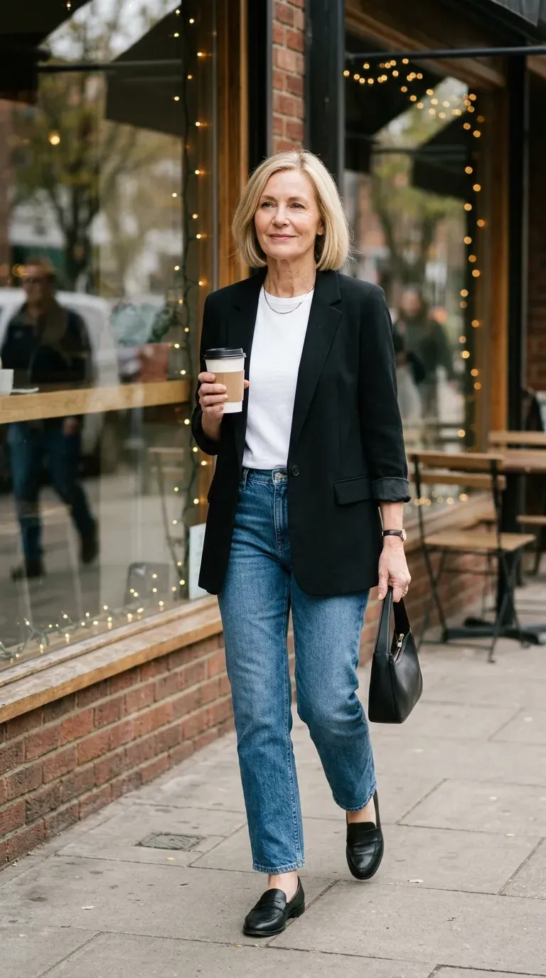 Blonde woman in black blazer, white tee and straight jeans walking past a cafe window