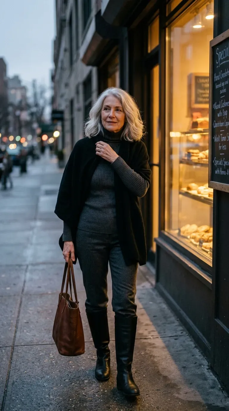 Woman in black cashmere wrap, gray turtleneck and charcoal trousers walking past a bakery