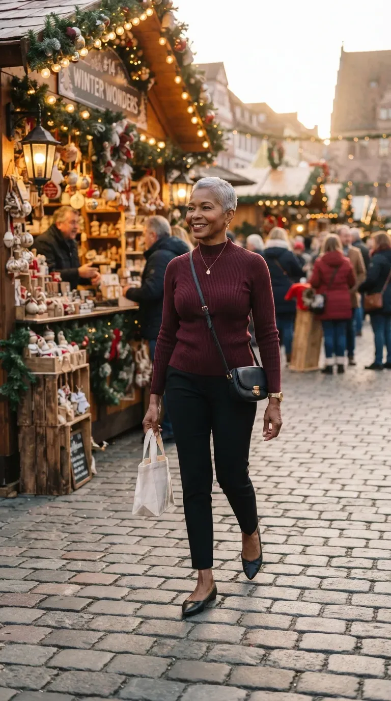 Petite woman over 50 in black cigarette trousers and burgundy mock-neck sweater at a holiday market