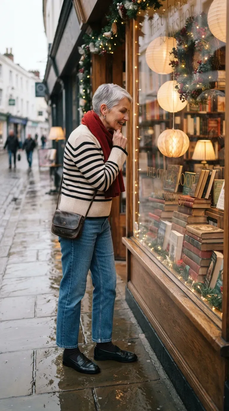 Woman over 50 in a black and cream striped sweater and blue jeans at a Christmas bookshop window