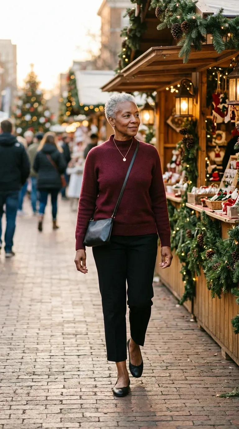 Woman over 50 in black cropped trousers, burgundy mock-neck sweater and ballet flats at a holiday market