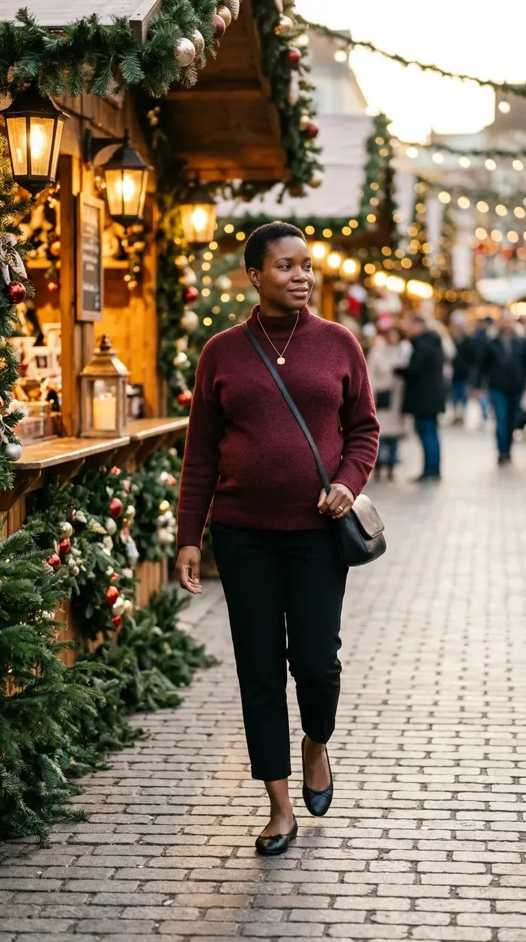 Pregnant woman in black cropped trousers, burgundy mock-neck sweater and flats at a holiday market