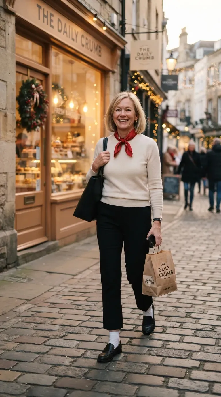 Woman over 50 in black cropped trousers, cream knit and loafers walking past a bakery