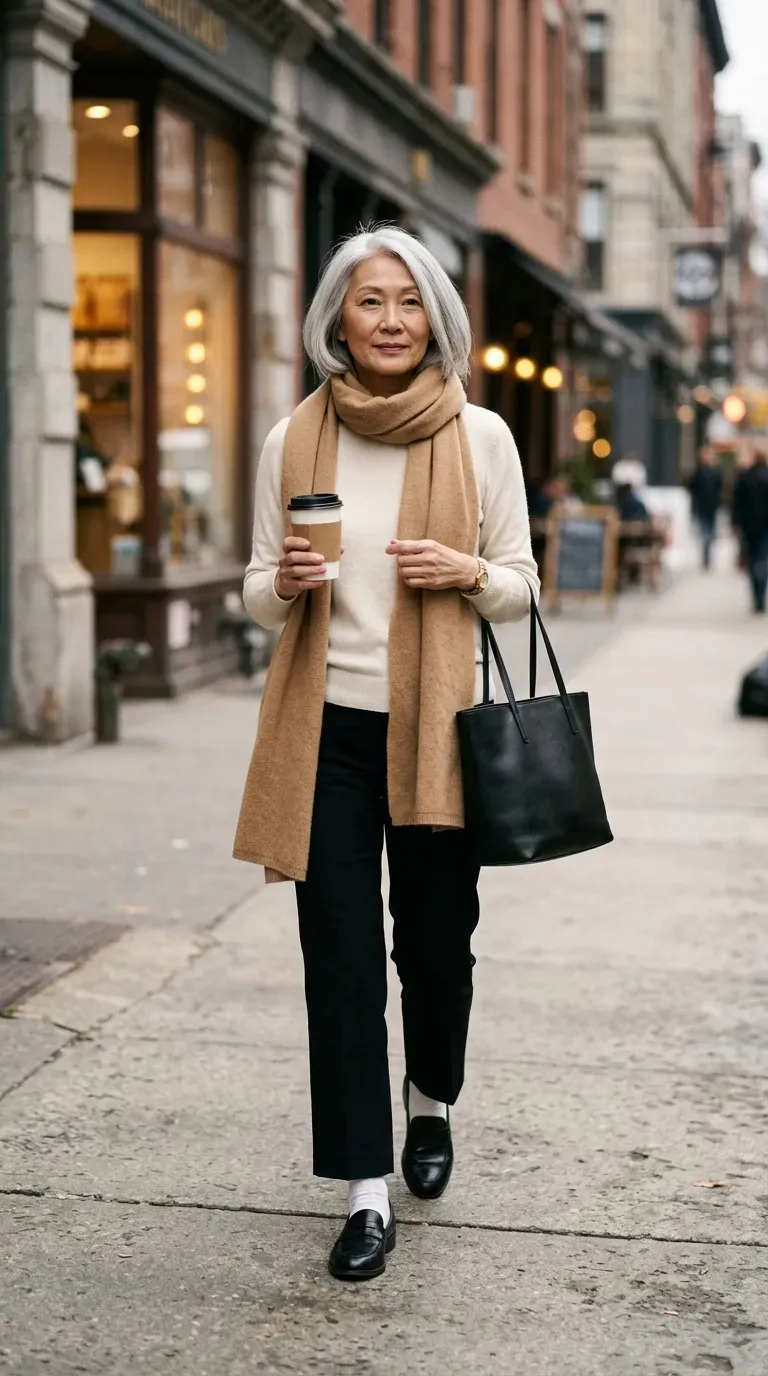 Woman in black cropped trousers, cream knit and loafers walking a city street with coffee