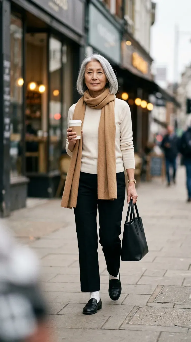 Woman in black cropped trousers, cream knit and loafers on a city street with a coffee