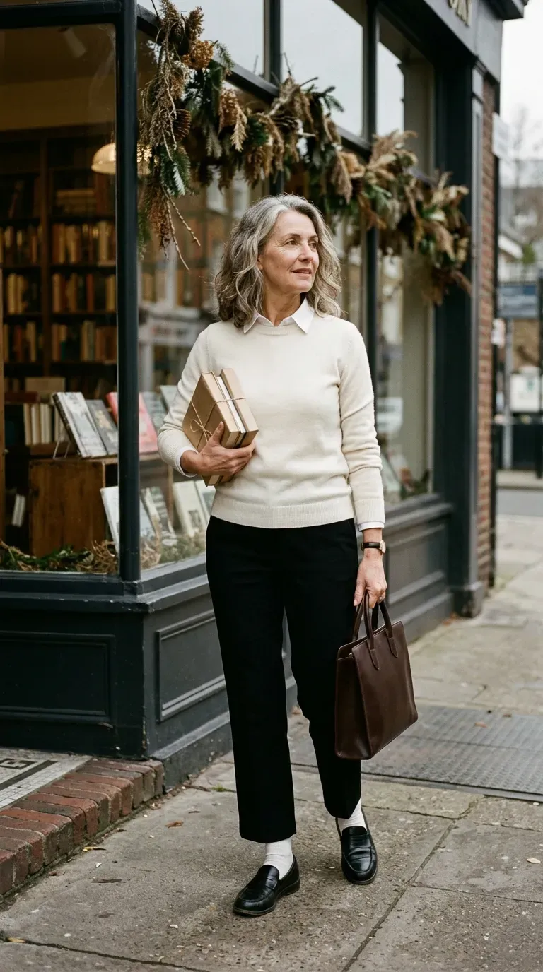 Woman over 50 in black cropped trousers, cream knit and loafers by a bookstore window