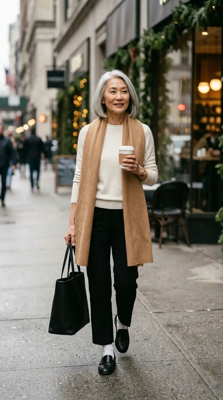 Asian woman in black cropped trousers and an ivory knit walking a city street with coffee