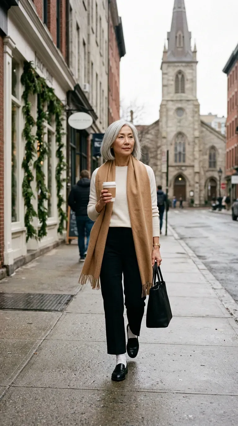 Asian woman in black cropped trousers and ivory knit walking to church with coffee