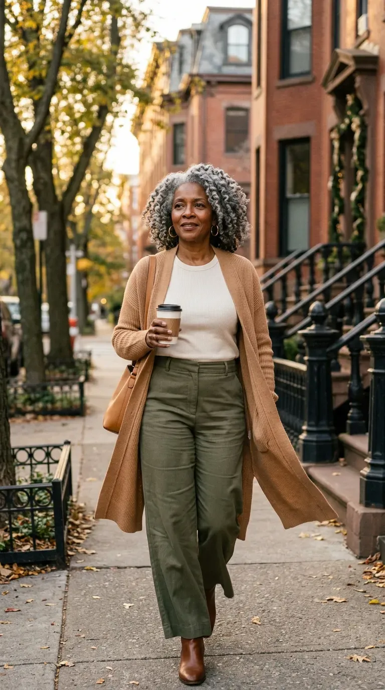 Woman over 50 in black cropped trousers, red knit and ballet flats walking past a bakery