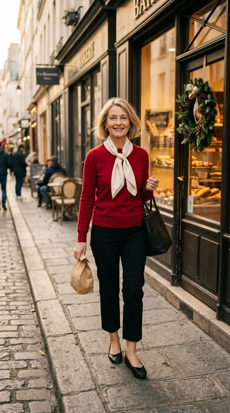 Woman over 50 in black cropped trousers, red knit and ballet flats walking past a bakery