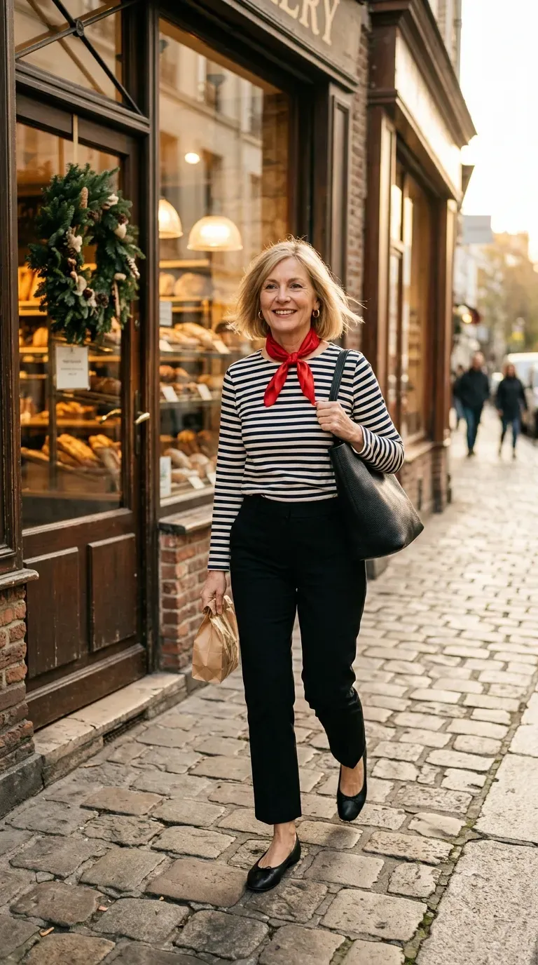 Woman over 50 in black cropped trousers, striped tee and ballet flats walking past a bakery
