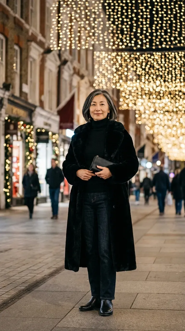 Woman over 50 in black faux-fur coat, dark jeans and flat boots at a Christmas lights display