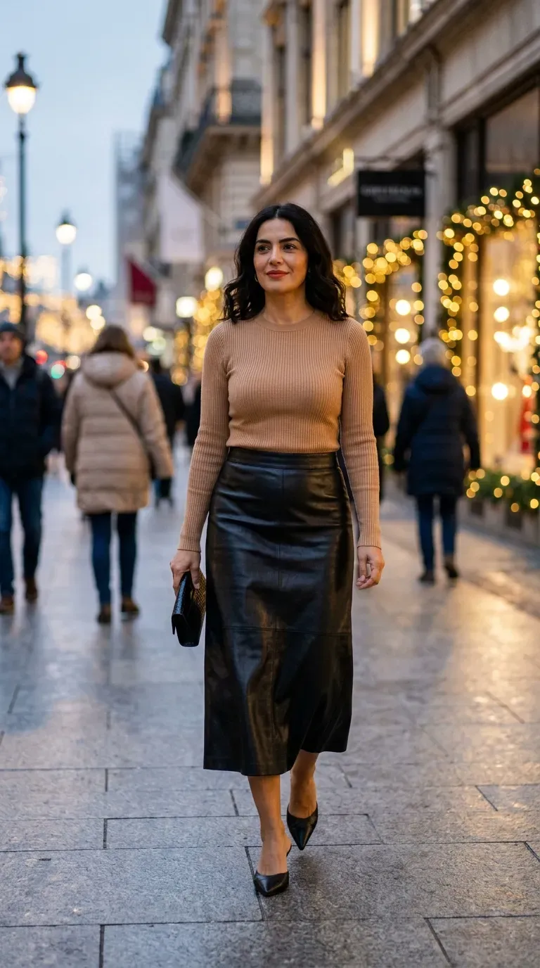 Woman over 40 in black faux-leather midi skirt and camel ribbed knit on a winter city walk
