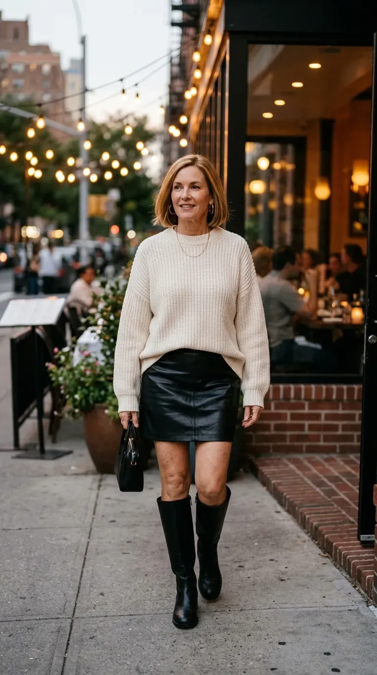 Woman over 50 in black leather-look mini skirt, cream knit and tall boots on a girls night out