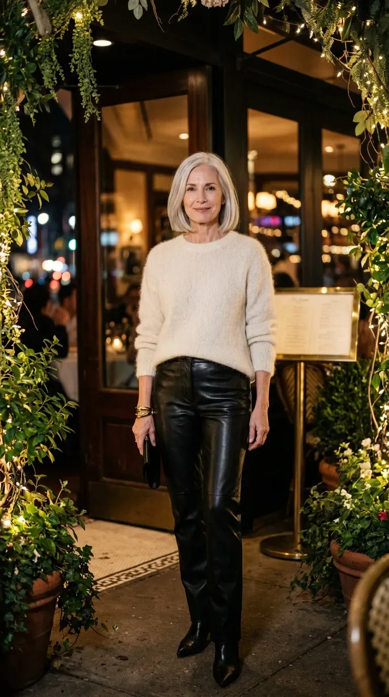 Woman over 50 in black faux leather trousers and cream sweater at a festive restaurant entrance