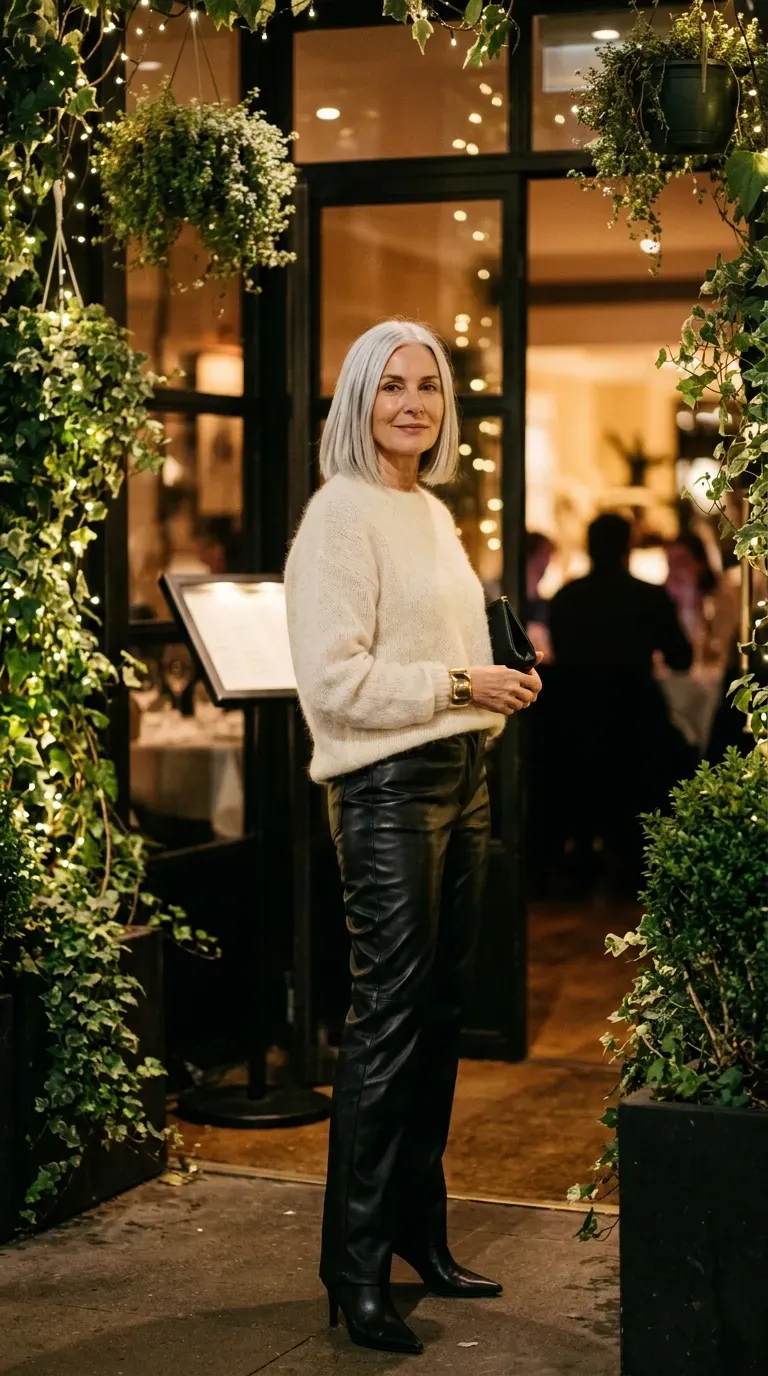 Woman over 50 in black faux leather trousers and cream sweater at a festive restaurant entrance