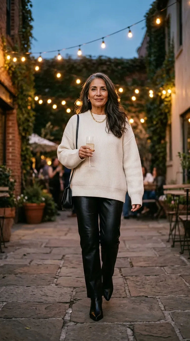 Latina woman in black faux leather trousers and a cream sweater in a lit courtyard