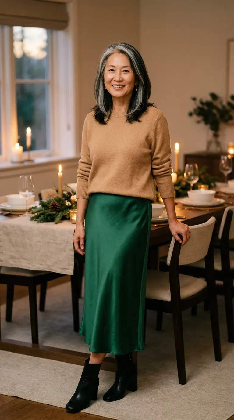 Latina woman in black faux leather trousers and a cream sweater in a lit courtyard