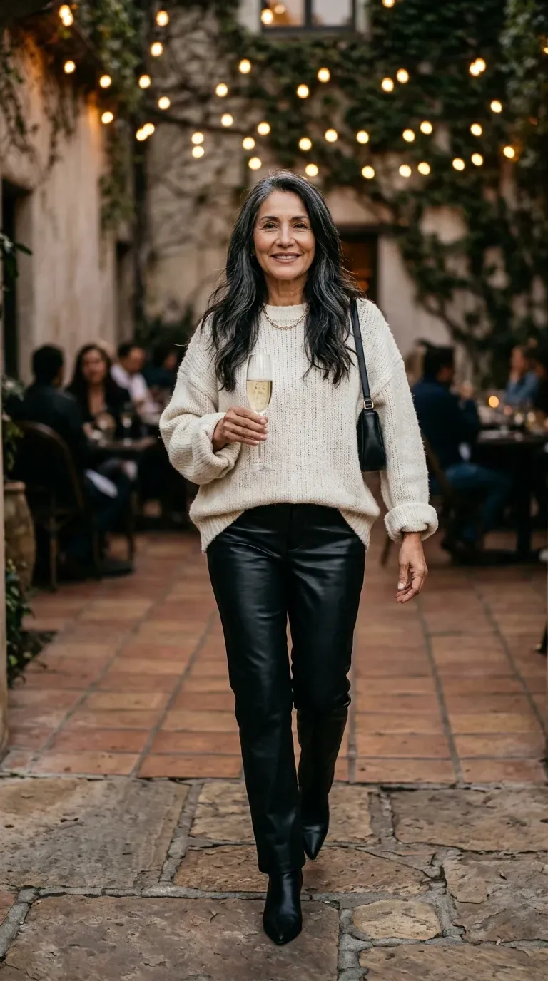 Woman in black faux leather trousers and cream sweater in a softly lit courtyard