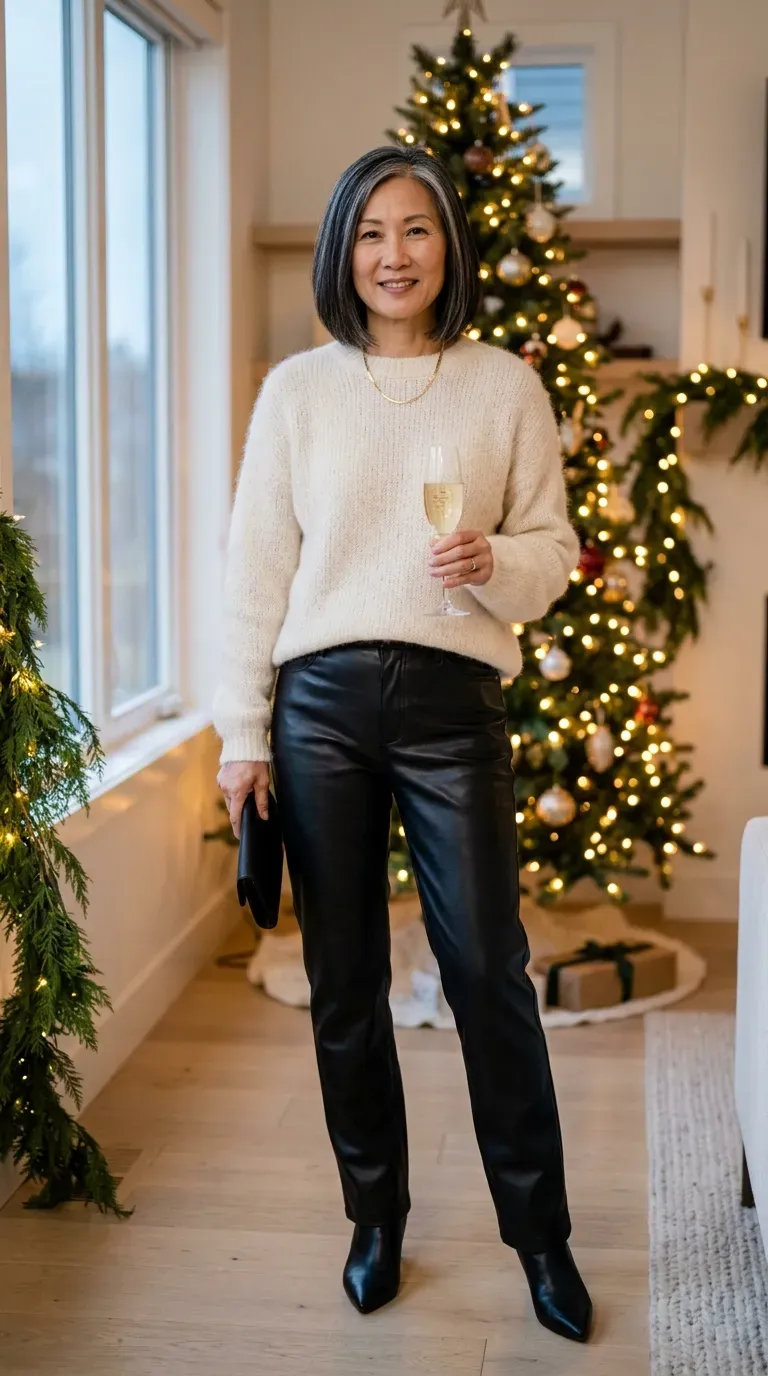 Woman over 50 in black faux-leather trousers and cream sweater at a holiday gathering