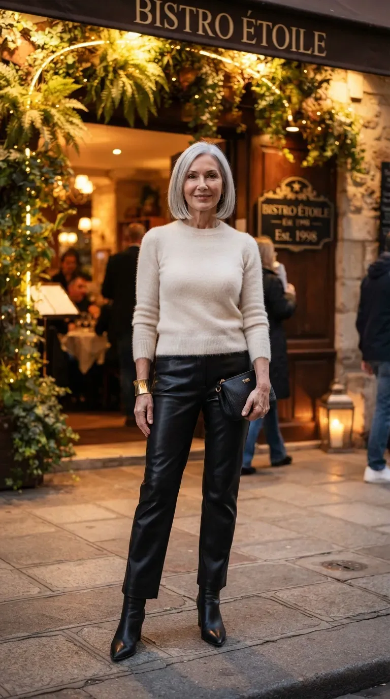 Petite woman over 50 in black faux leather trousers and cream sweater at a festive restaurant entrance