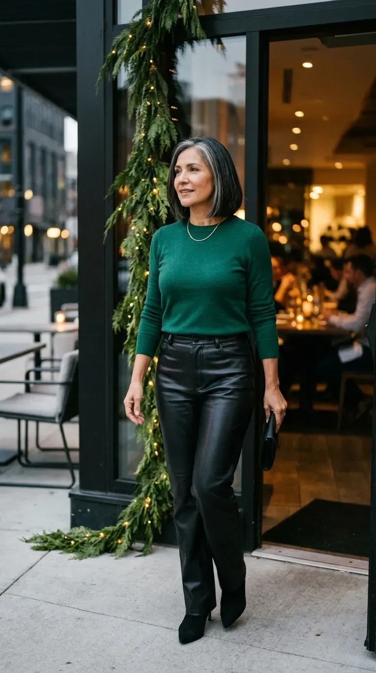 Woman over 50 in black leather-look trousers and emerald knit at a date night restaurant