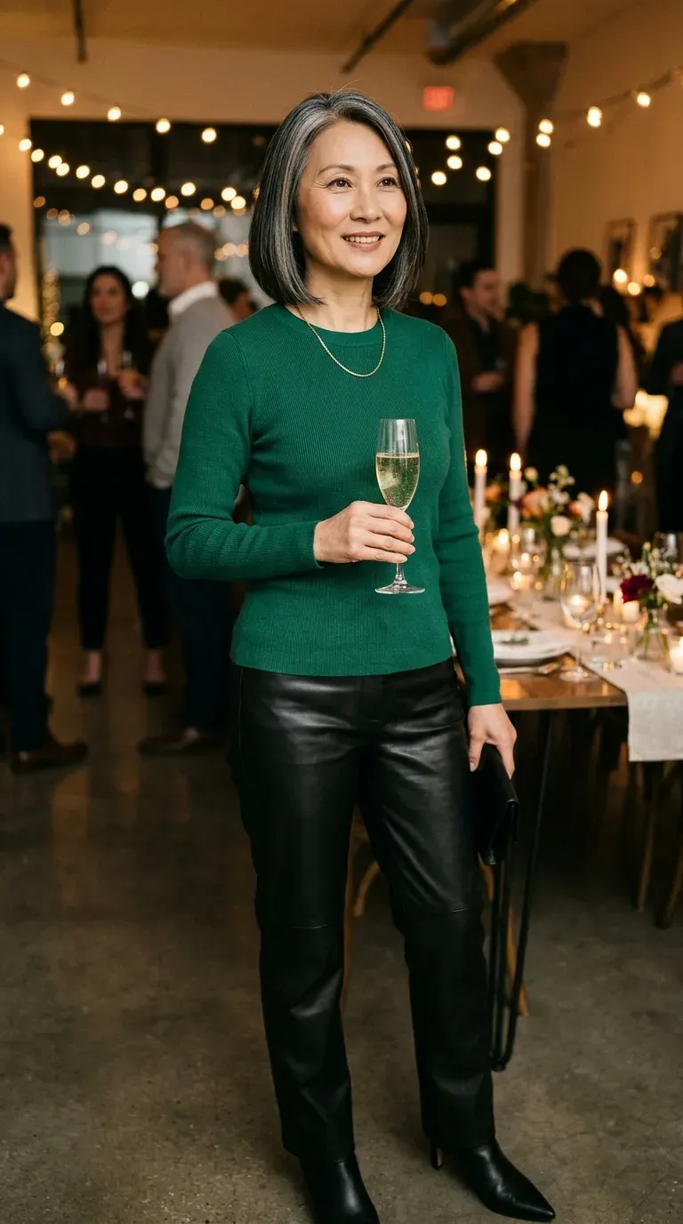 Woman over 50 in black leather-look trousers and emerald knit at a party