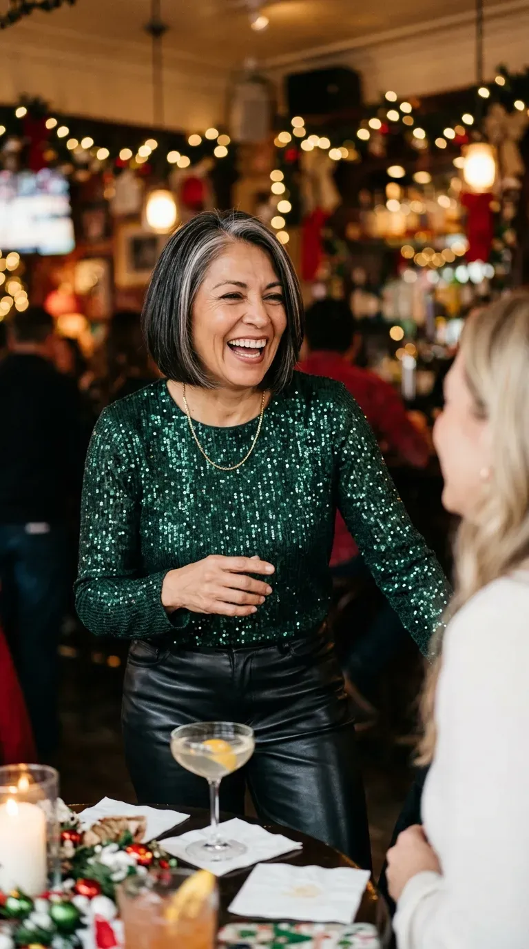 Woman over 50 in black leather-look trousers and emerald sequin top at a festive bar