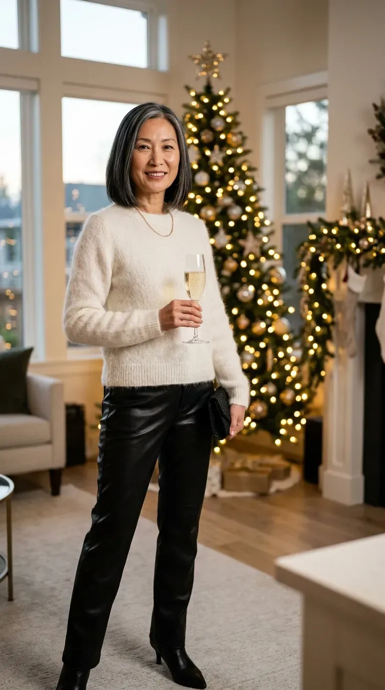Woman over 50 in black leather-look trousers and ivory mohair sweater at a gathering