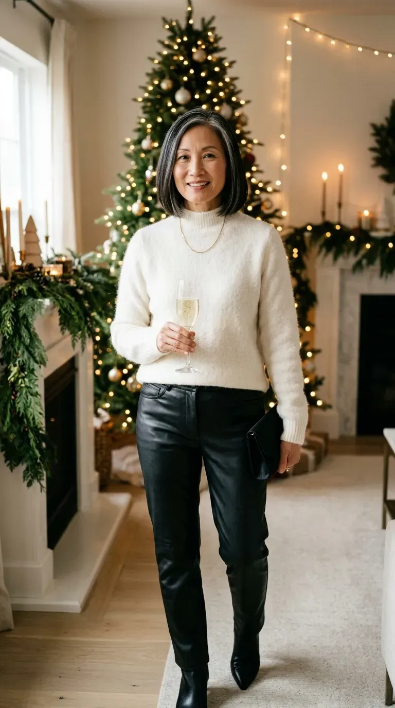 Woman over 50 in black leather-look trousers and ivory mohair sweater at a gathering