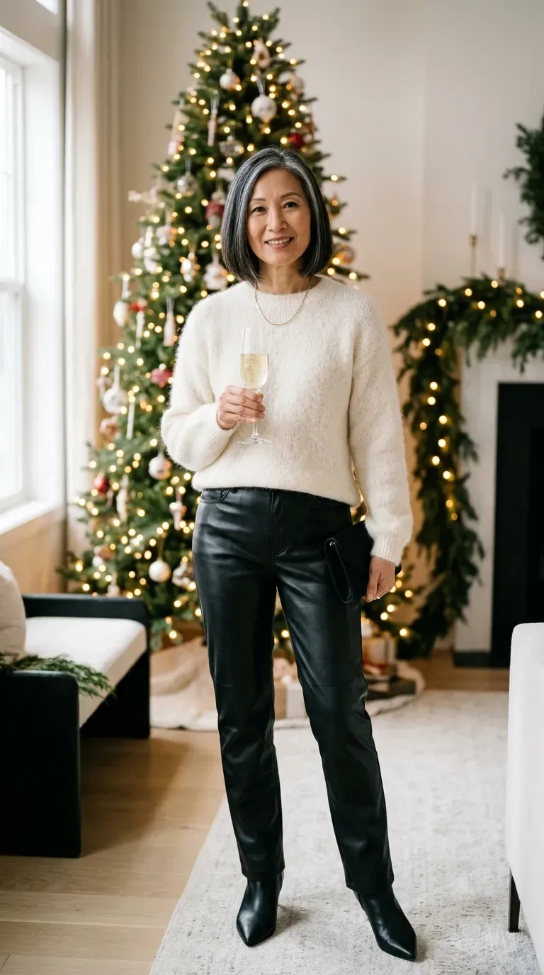 Woman over 50 in black faux-leather trousers and ivory mohair sweater at a holiday gathering