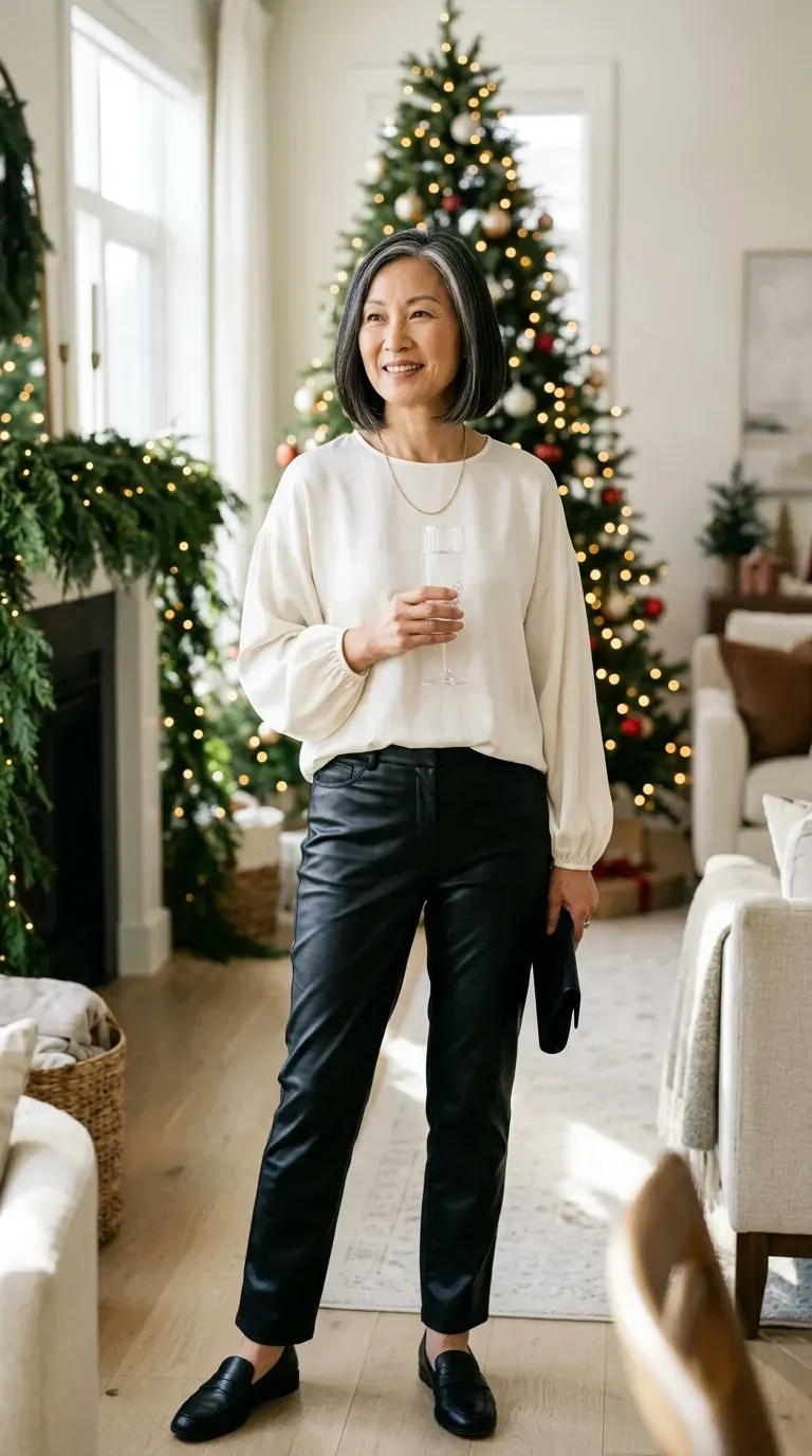 Woman over 50 in black leather-look trousers, ivory silk blouse and loafers at brunch