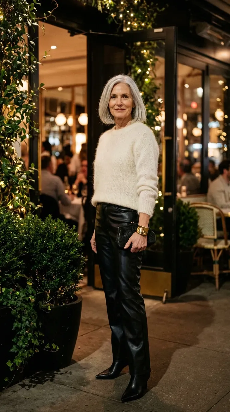 Woman over 50 in black faux leather trousers and ivory sweater at a festive dinner