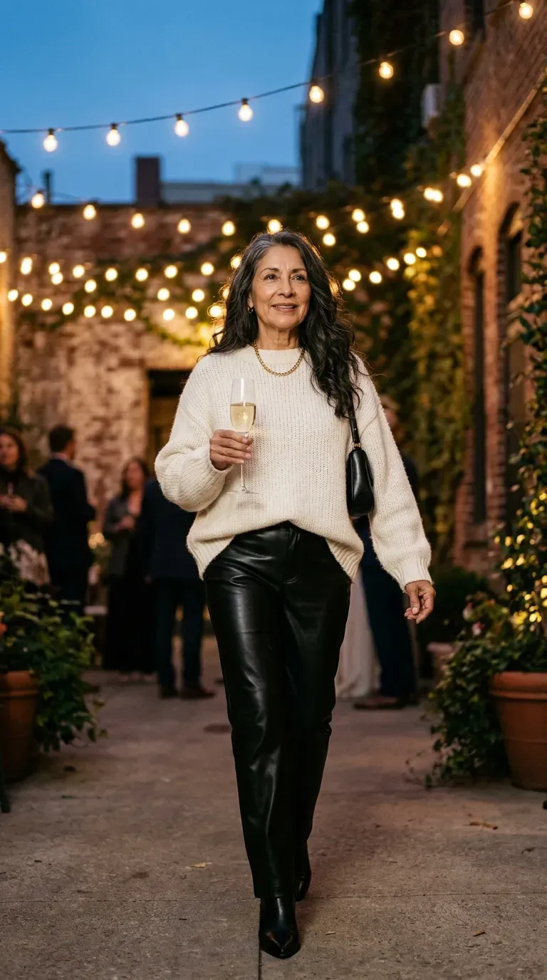 Latina woman in black faux leather trousers and an ivory sweater in a lit courtyard